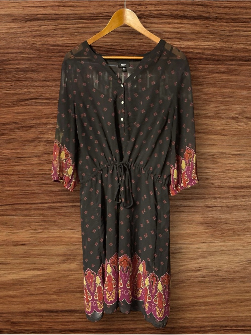 Mossimo Black & Multi-Colored Boho Style 3/4 Length Sleeved Dress